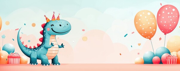 Obraz premium A joyful dinosaur celebrating with balloons and cupcakes.