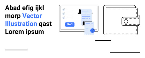 Tablet displaying invoice and pay button next to a leather wallet. Ideal for finance, e-commerce, banking, budgeting, mobile payments, fintech, and digital tools. Abstract line flat metaphor