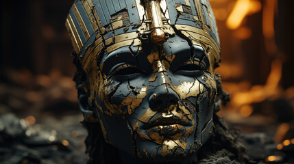 broken head of a stone statue of a stern Egyptian king with a straight jaw 