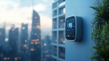 Advanced smart meters placed on the exterior of a high-rise residential building, sending live data streams to an energy-efficient monitoring dashboard for sustainability analysis