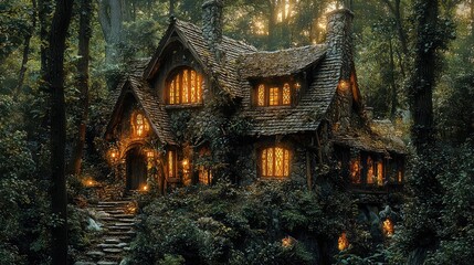 A whimsical cottage nestled in a lush forest, glowing warmly amidst the greenery.