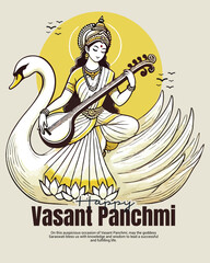 Happy Vasant Panchami with goddess Saraswati social media post template banner