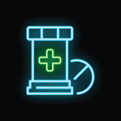 Neon sign is depicting a pill bottle and pill glowing against a black background