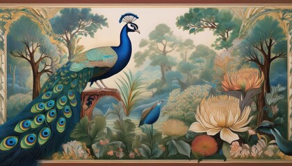 Vibrant RomanInspired Mural Wallpaper Showcasing a Colorful Garden Scene with Peacock, Forest, and Tranquil Atmosphere, Ideal for Digital Art, Home Decor, or Design Inspiration.