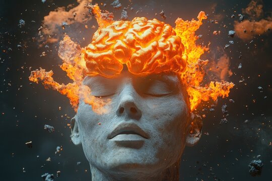 Exploding human head sculpture with a fiery orange brain bursting outward, representing innovation, mental breakthroughs, and the intensity of thought processes in high impact conceptual art