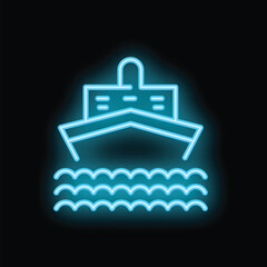 Blue neon sign showing a cruise ship sailing at night, a perfect illustration for travel and tourism