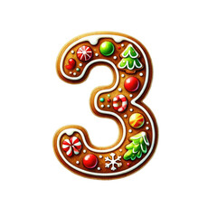 A festive gingerbread cookie shaped like the number three, decorated with colorful candies and icing.