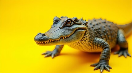 Obraz premium Adorable Baby Alligator Figurine Close Up Shot Yellow Background Realistic Reptile Toy Model Wildlife Animal Collectible Decoration