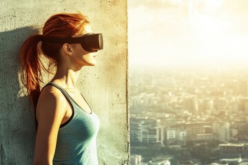 Woman with Red Hair Wearing Virtual Reality Headset Gazing at Cityscape During Sunset with Urban Background and a Sense of Exploration and Adventure