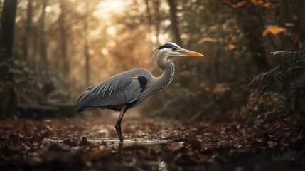 Fototapeta premium Graceful Great Blue Heron Standing in a Serene Forest Landscape