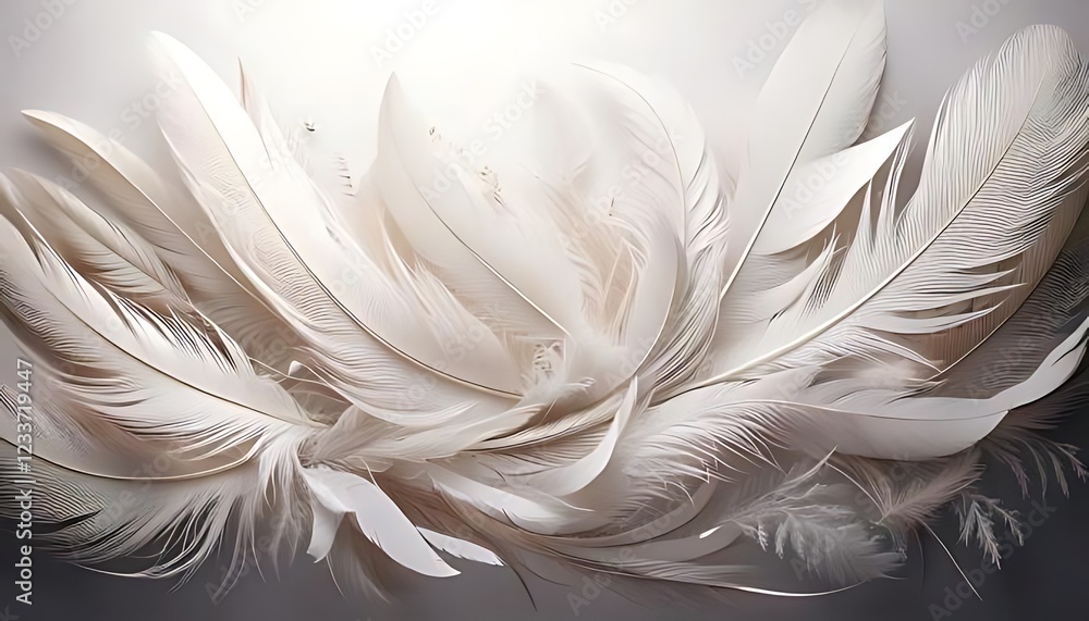 Poster feathers and curved white elements create an abstract composition on a soft, light backdrop (1)
