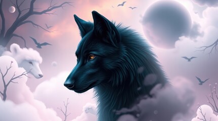 Soft pastel colors and a surreal dreamlike image of a black wolf that evokes a calming and friendly mood while incorporating magical features and strange settings