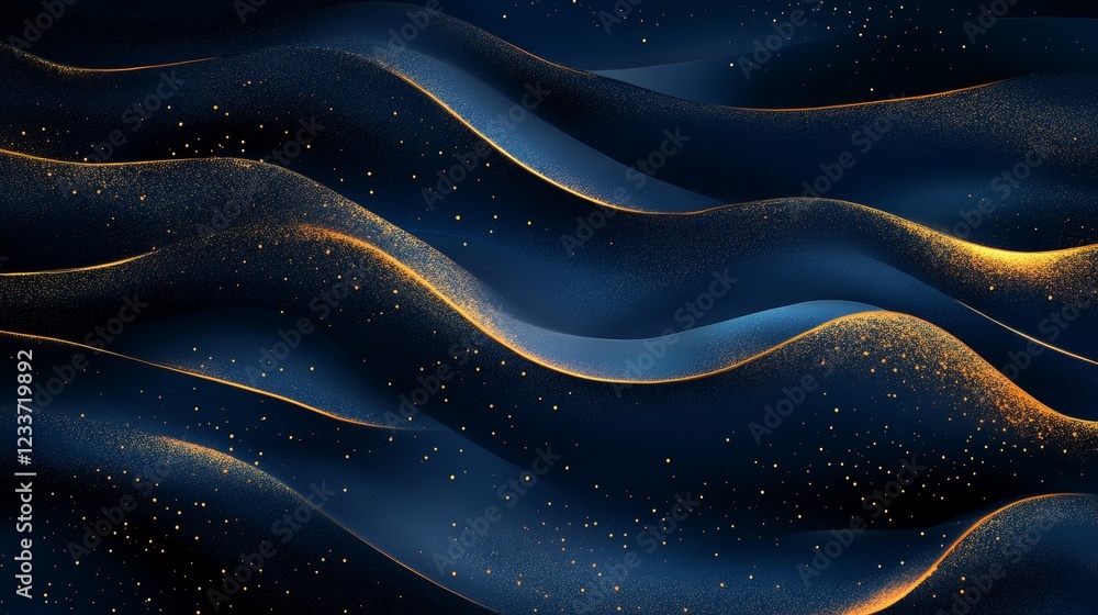Poster dark blue and gold abstract waves. elegant, luxurious and dynamic background with glittering particl
