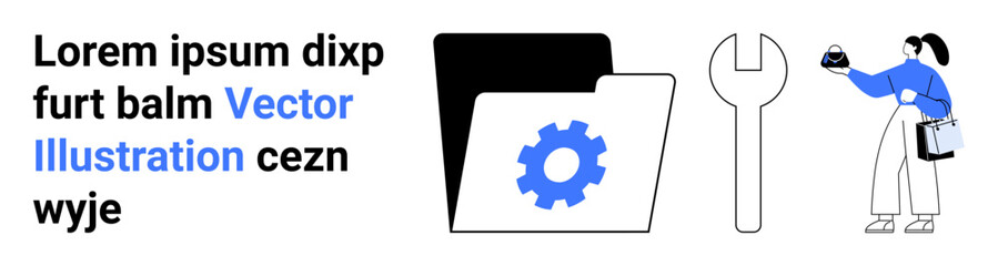 Folder with a gear, wrench, and a person interacting with a device. Ideal for technology, setup, development, maintenance, collaboration, repair and flat landing page banner