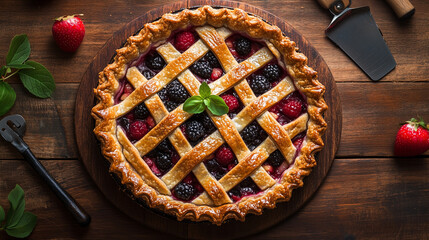 Fresh berry pie with golden lattice crust on a rustic wooden table