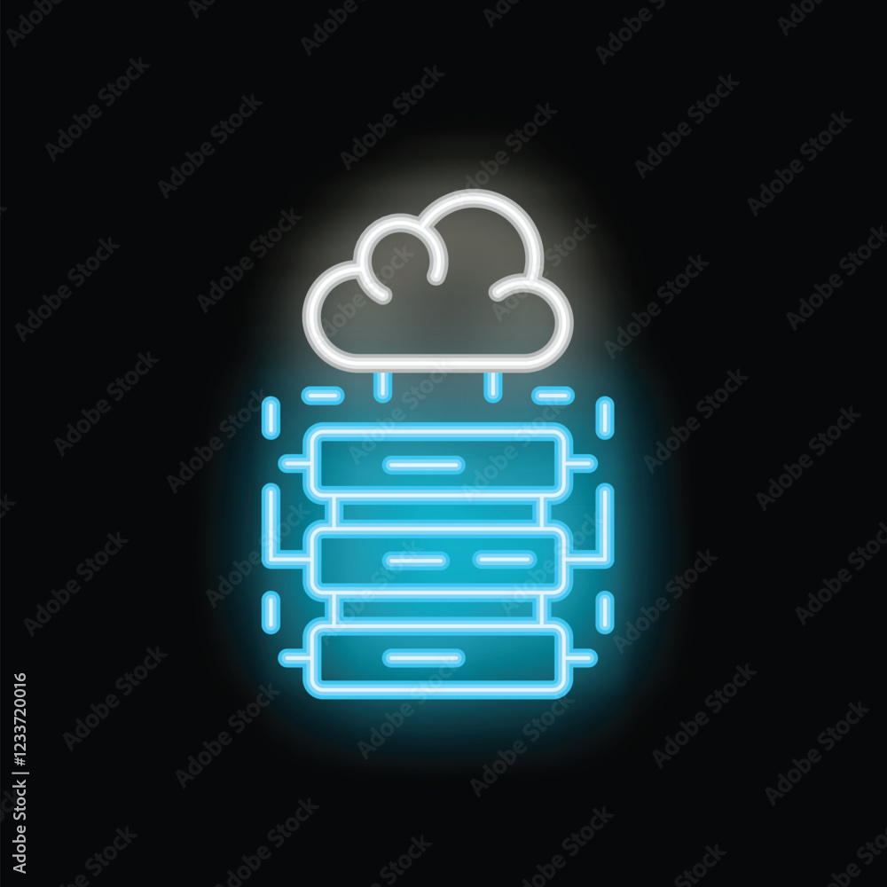 Poster neon icon of cloud computing with a server connecting to data using a blue and white neon effect
