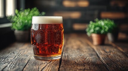 A glass of amber beer with foam on a wooden table, surrounded by small potted plants.