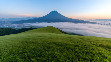 Fototapeta premium Mountain sunrise over sea of clouds, city skyline