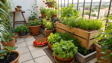 Balcony Herb Garden Urban Farming Rooftop Plants Homegrown Vegetables Potted Flowers Cityscape View