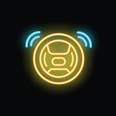 Obraz premium Yellow neon sign of a modern robotic vacuum cleaner cleaning the floor