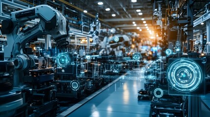 Fototapeta premium A futuristic and high-tech factory interior with holographic displays, industrial machinery, and digital blueprints in the background. The scene is bathed in soft light, creating an atmosphere 