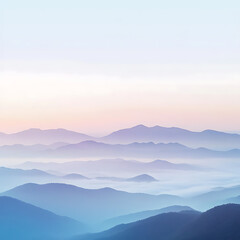 Fototapeta premium Foggy mountain range at dawn, mist covering the valleys, soft pastel colors in the sky, clear horizon