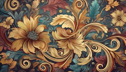 Elegant Vintage Swirly Floral Wallpaper Design, Evoking a Timeless and Romantic Atmosphere with Gorgeous Floral Motifs, Ideal for Home Decor or Artwork.