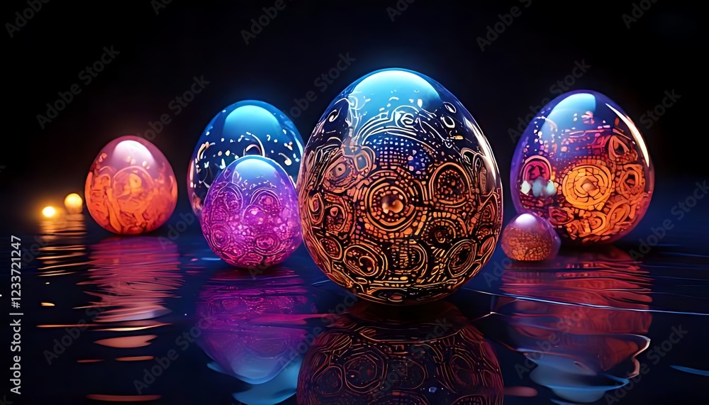 Poster glowing, egg-shaped objects with gold patterns are clustered on a dark, reflective surface (1)