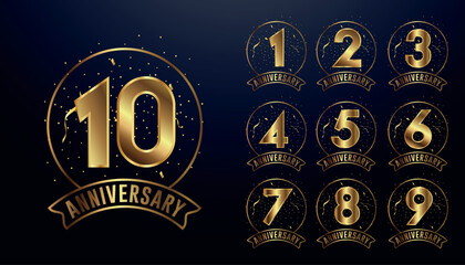 Set of golden anniversary logotypes for celebration events, weddings, greeting cards, and invitations. Gold emblem with number. Vector illustration