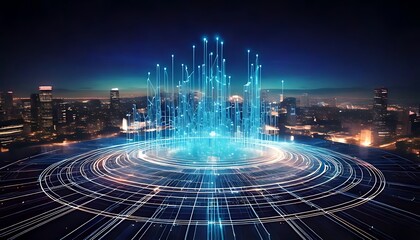Glowing, wireframe structures rise from a circular, light-emitting platform, with a city backdrop, creating a digital data network (1)