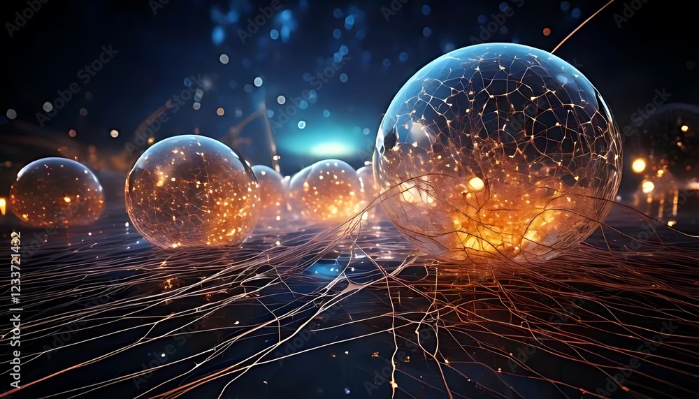 Poster glows emanate from orbs showing detailed neural networks displayed across a dark, grid-like platform