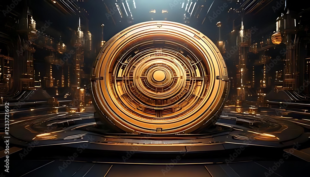 Poster golden circular devices with unique symbols are displayed in a dark futuristic setting (1)