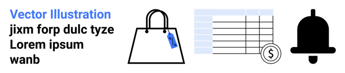 Shopping bag with tag, dollar-marked table, and bell icon representing online shopping, pricing, budgeting, notifications, accounting systems, billing and reminders. Ideal for flat landing page
