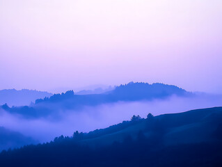 Obraz premium Quiet misty hills at twilight, soft purple and blue tones in the fog