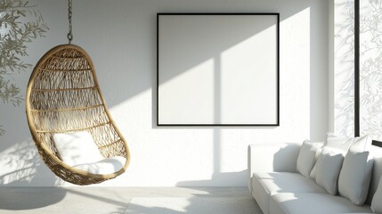 Elegant indoor space featuring a captivating hanging chair and minimalistic decor with natural light and blank canvas