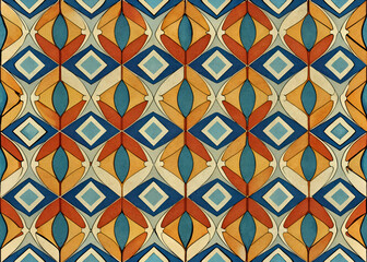 Intricate geometric tile pattern in warm earth tones. blues. and creams.