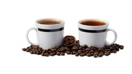 Different coffee cups with steaming hot drinks isolated on a clean PNG background, showcasing ceramic mugs, paper cups, and espresso shots, perfect for barista visuals, breakfast themes, and coffee sh