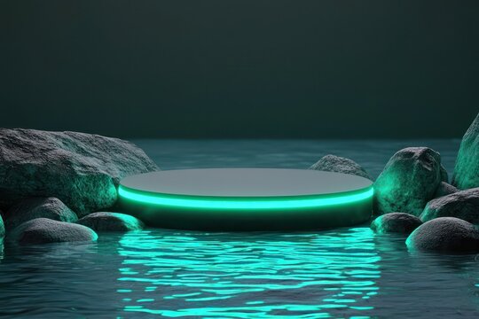 A circular podium with glowing emerald green neon light, angled slightly, floats gently above polished pebbles in rippling water.