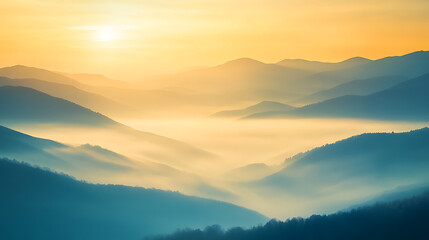 Fototapeta premium Serene misty hills at sunrise with golden light breaking through, rolling fog between the mountains