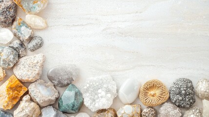 Obraz premium Colorful stones and minerals arranged on a white background.