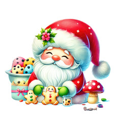 Obraz premium A cheerful Santa Claus with a big smile, surrounded by colorful cookies and festive decorations, spreading joy this holiday season.