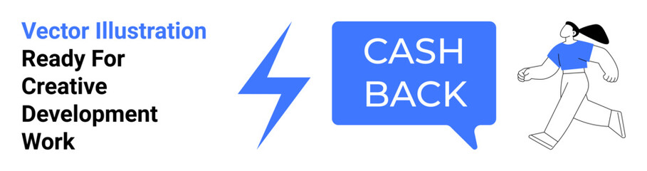 Fototapeta premium Woman in motion next to speech bubble with cashback text and lightning bolt. Ideal for financial services, online shopping, loyalty programs, savings, advertising, promotions, flat landing page