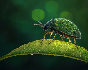 Naklejka premium Dew-kissed beetle on a leaf. AI.