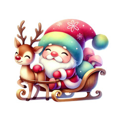 Whimsical Santa Claus joyfully rides a sleigh with a cheerful reindeer, capturing the essence of festive spirit and holiday magic.