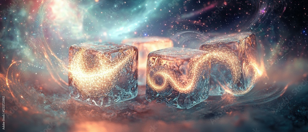 Poster ice cubes with glowing patterns. ai.