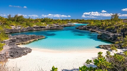 Fototapeta premium Serene Tropical Lagoon Surrounded by Lush Greenery and Crystal Clear Waters on a Bright Sunny Day