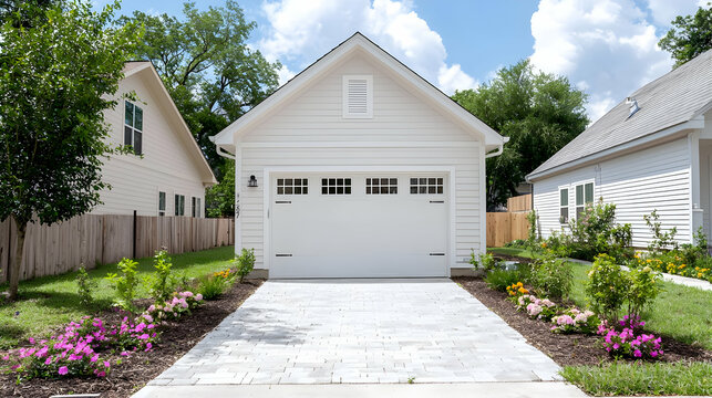 White detached garage, suburban street, landscaping
