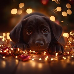 Adorable Puppy Cuddled in Christmas Lights Creating Cozy and Festive Atmosphere