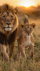 Obraz premium Lion and cub in grass field at sunset 
