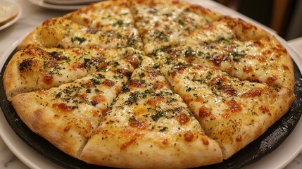 A delicious cheese pizza sliced into wedges, topped with herbs and golden crust.